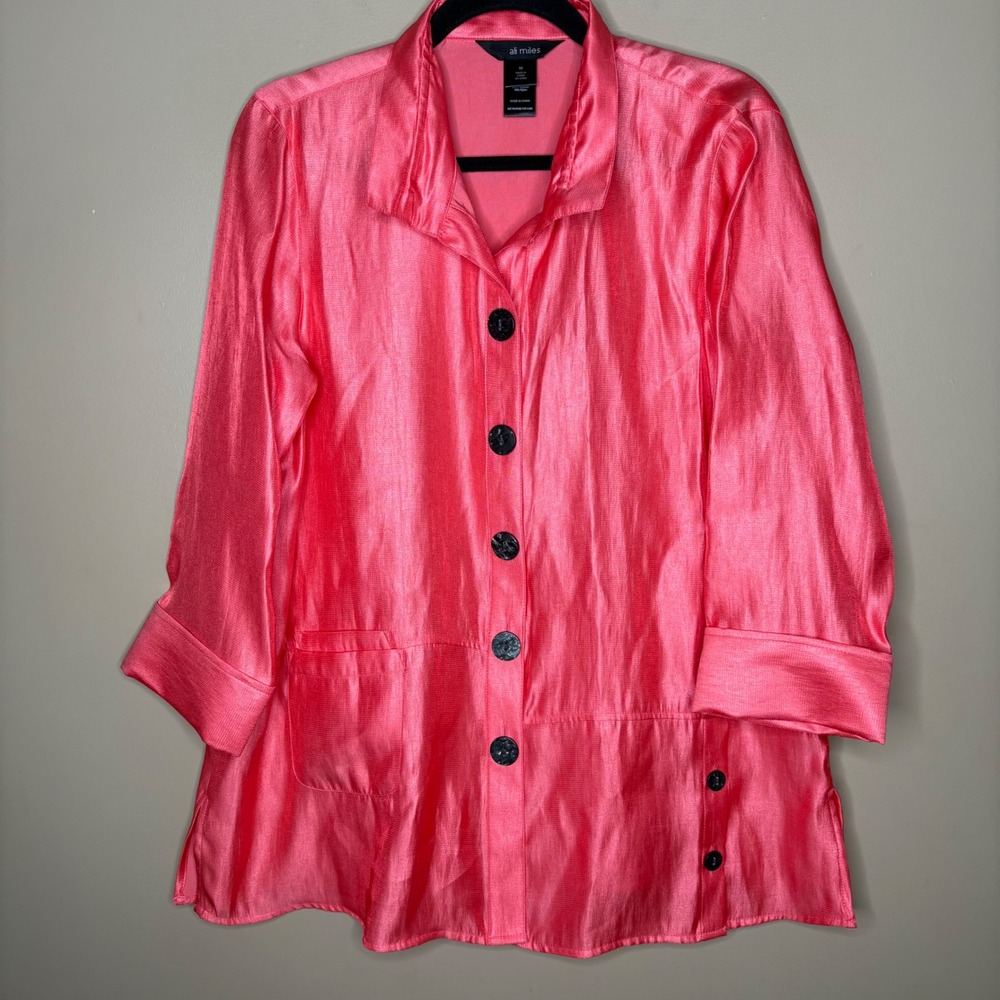 Ali Miles Womens Coral Pink Textured Button Down Shirt Blouse Tunic Size M